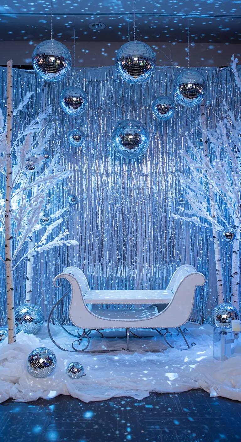 A winter wonderland theme with a silver fringe backdrop, a sleigh, and disco balls in fake snow.