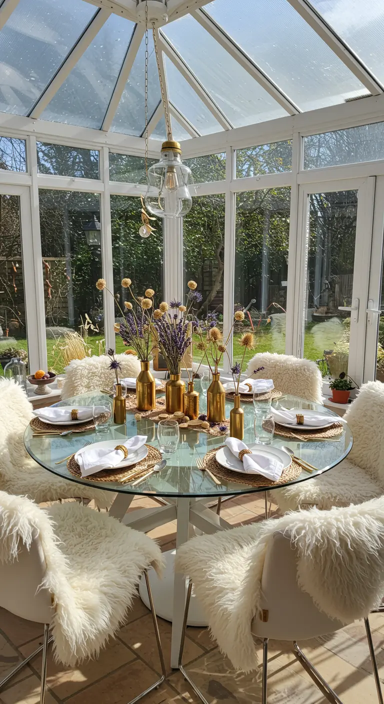 Glass dining table in a sunroom with chairs covered in white faux fur throws.