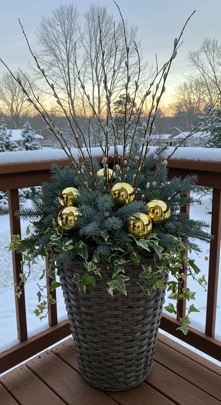 Wicker planter on a snowy deck with pussy willow, blue spruce, ivy, and gold baubles.