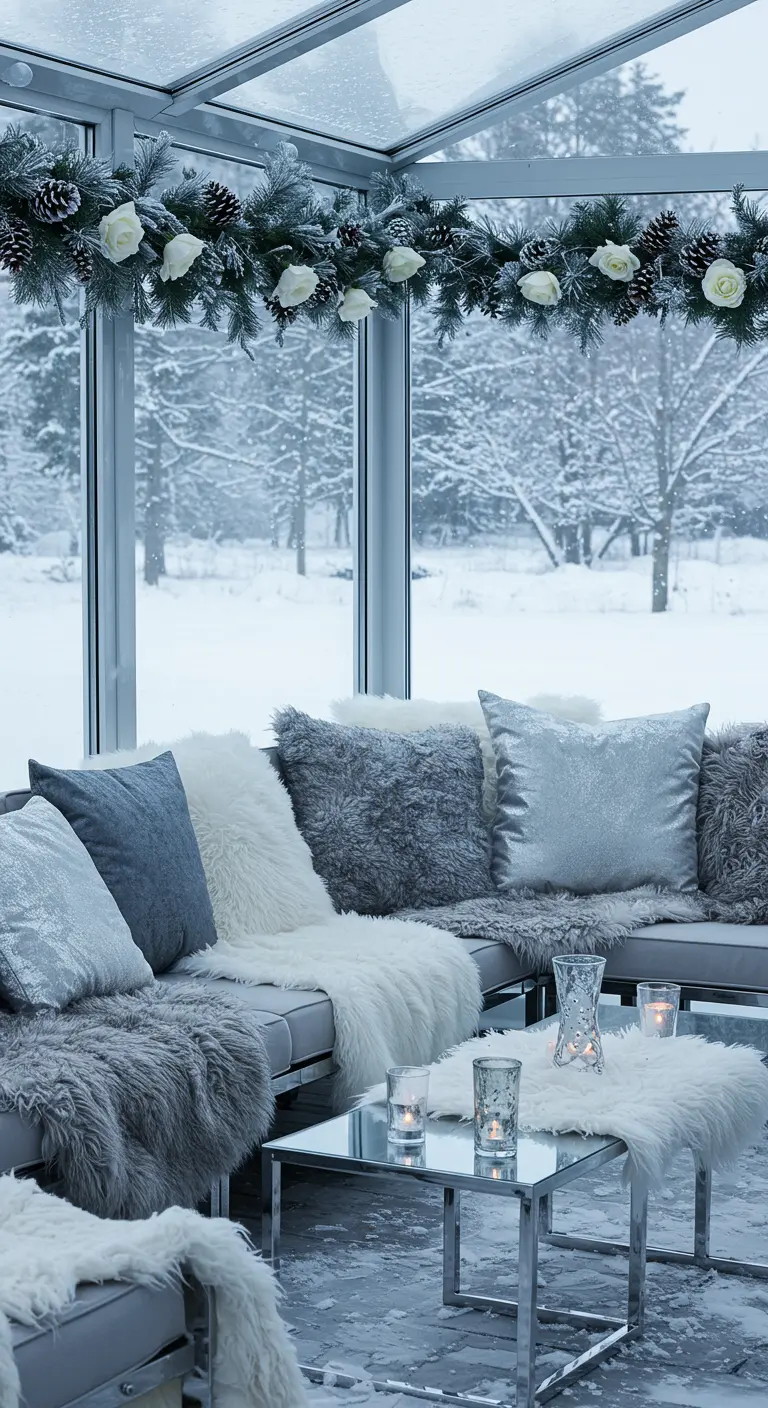 A sunroom in winter with snowy views, a pine and white rose garland, and cozy faux fur throws.