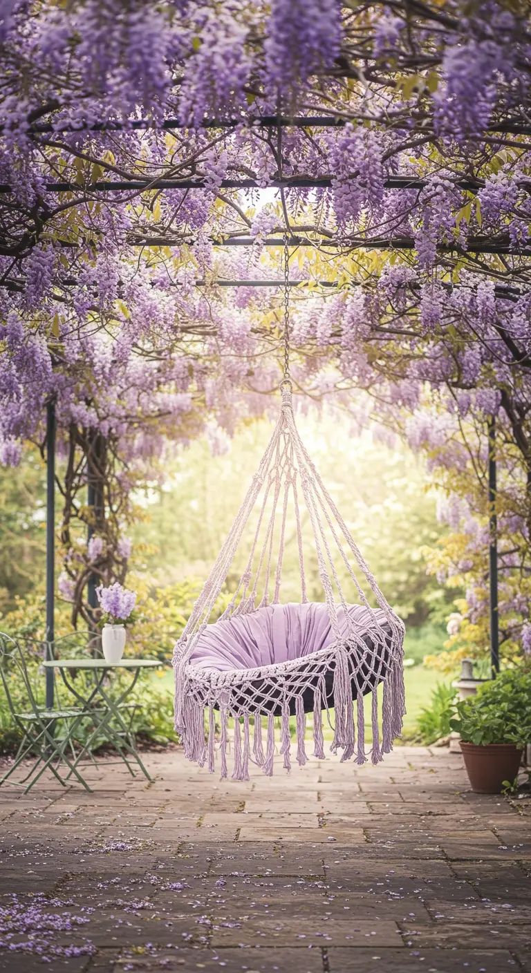 Lavender macramé tire swing hanging under a blooming wisteria pergola.