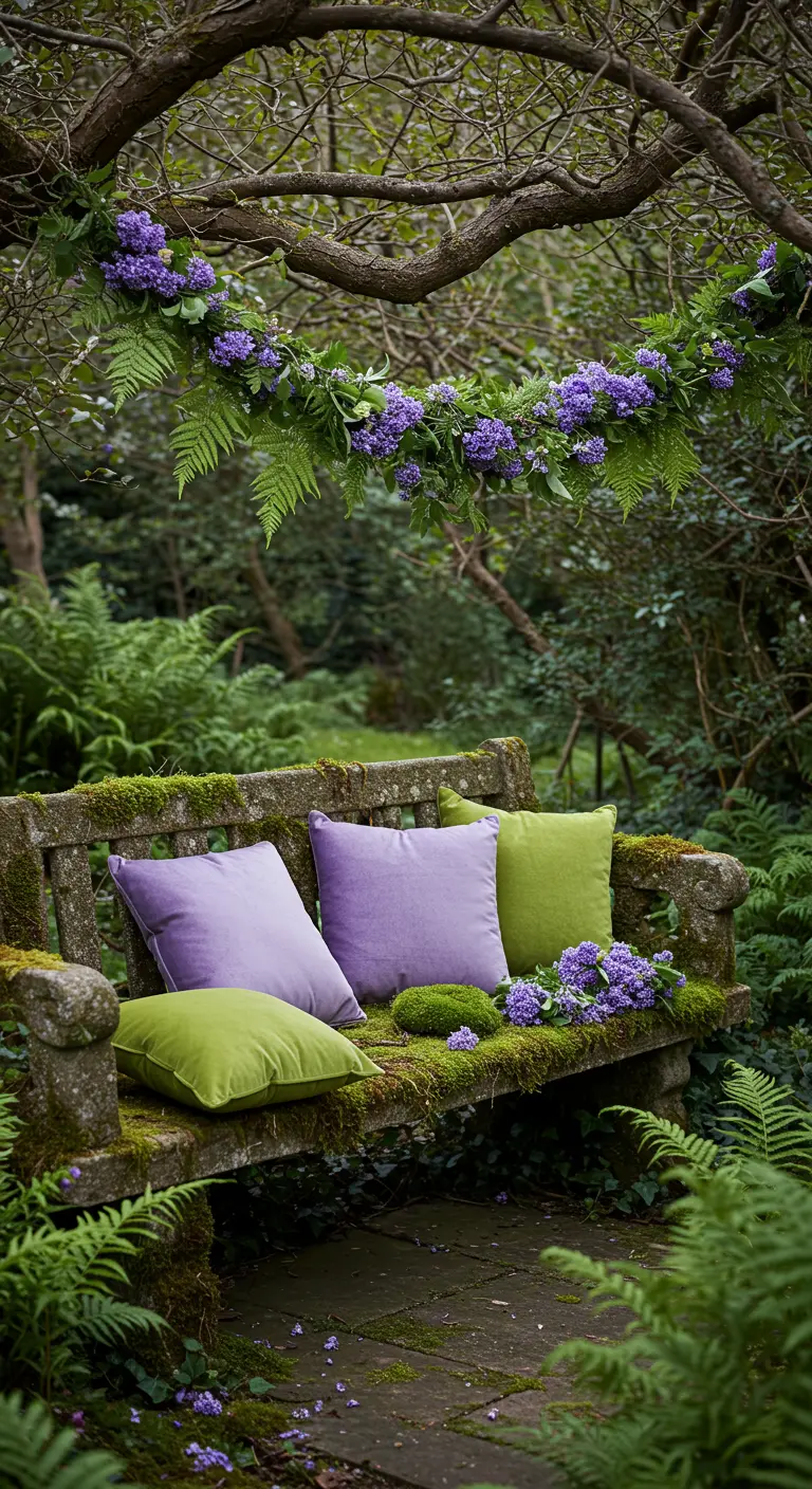 A mossy stone bench in a woodland setting with purple and green cushions and a delicate floral garland.