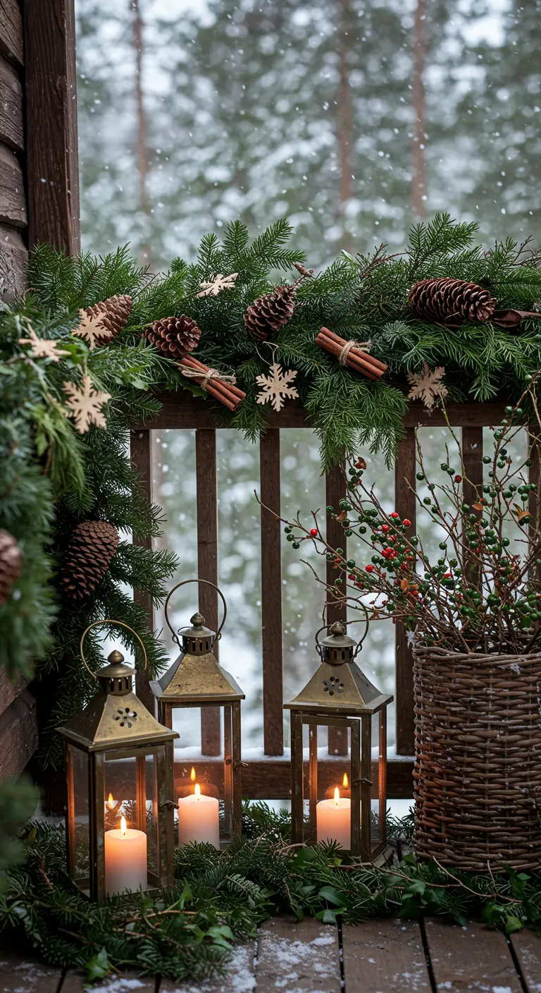 Rustic balcony with pine garland, cinnamon sticks, wooden snowflakes, and candle lanterns.