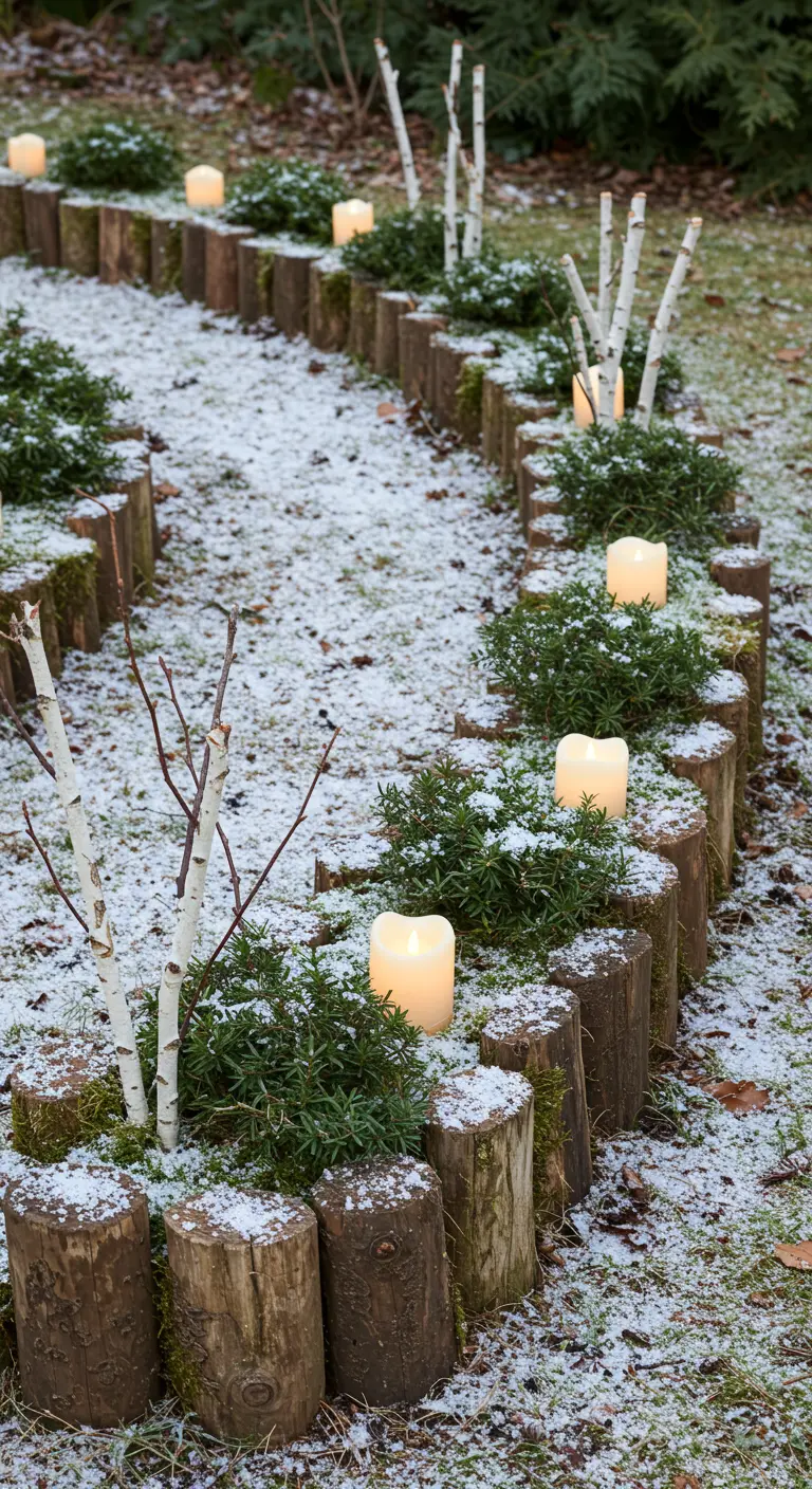 A curved log border with low evergreens, birch branches, and glowing LED candles in the snow.