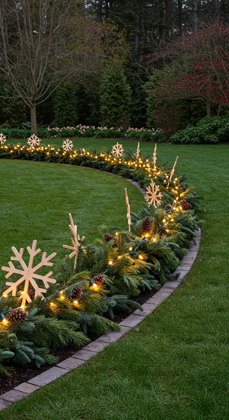 A thick pine garland on a lawn edge, decorated with large wooden snowflakes, pinecones, and lights.