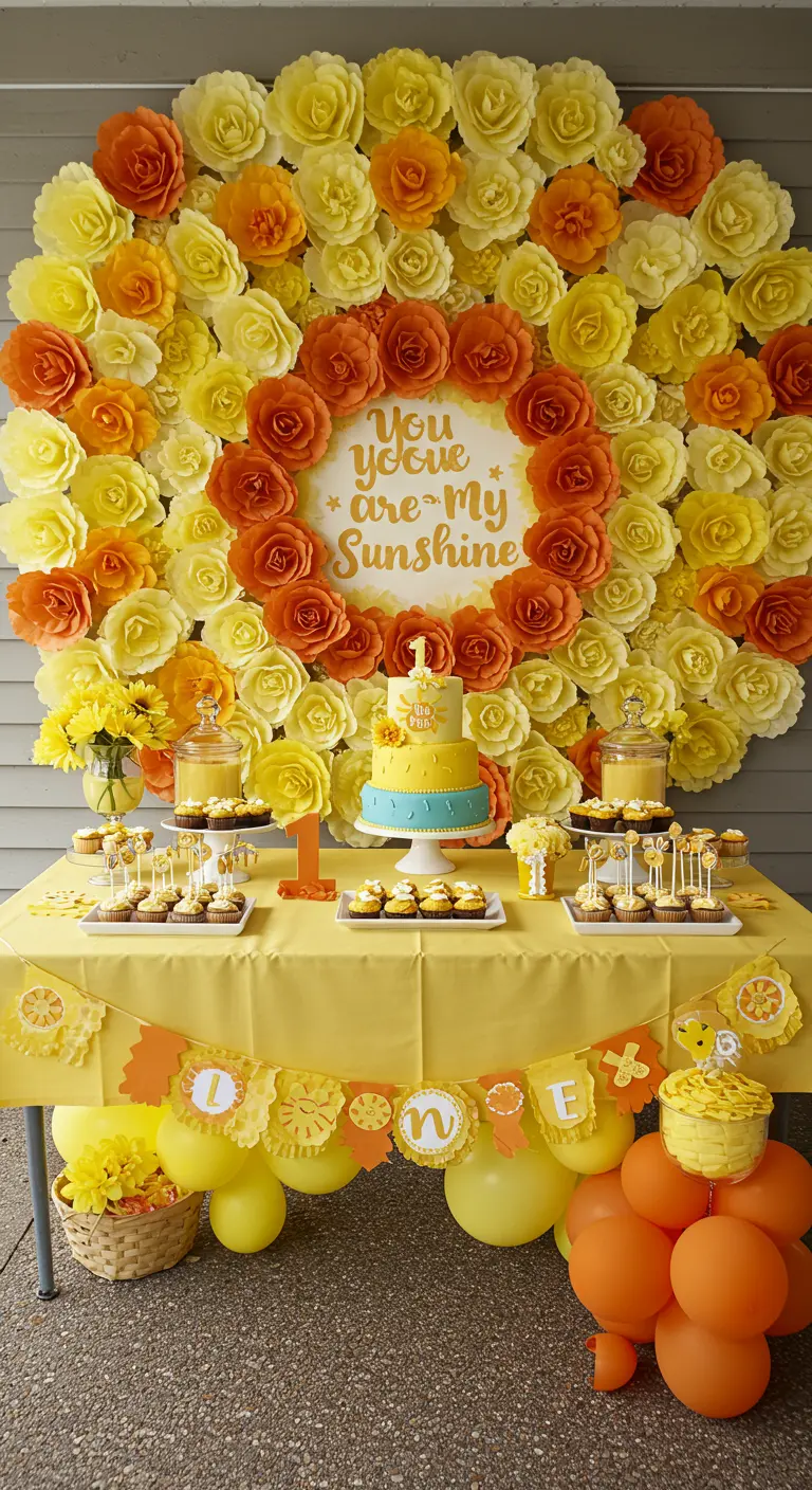 A dessert table with a backdrop of a giant wreath made of yellow and orange paper flowers.
