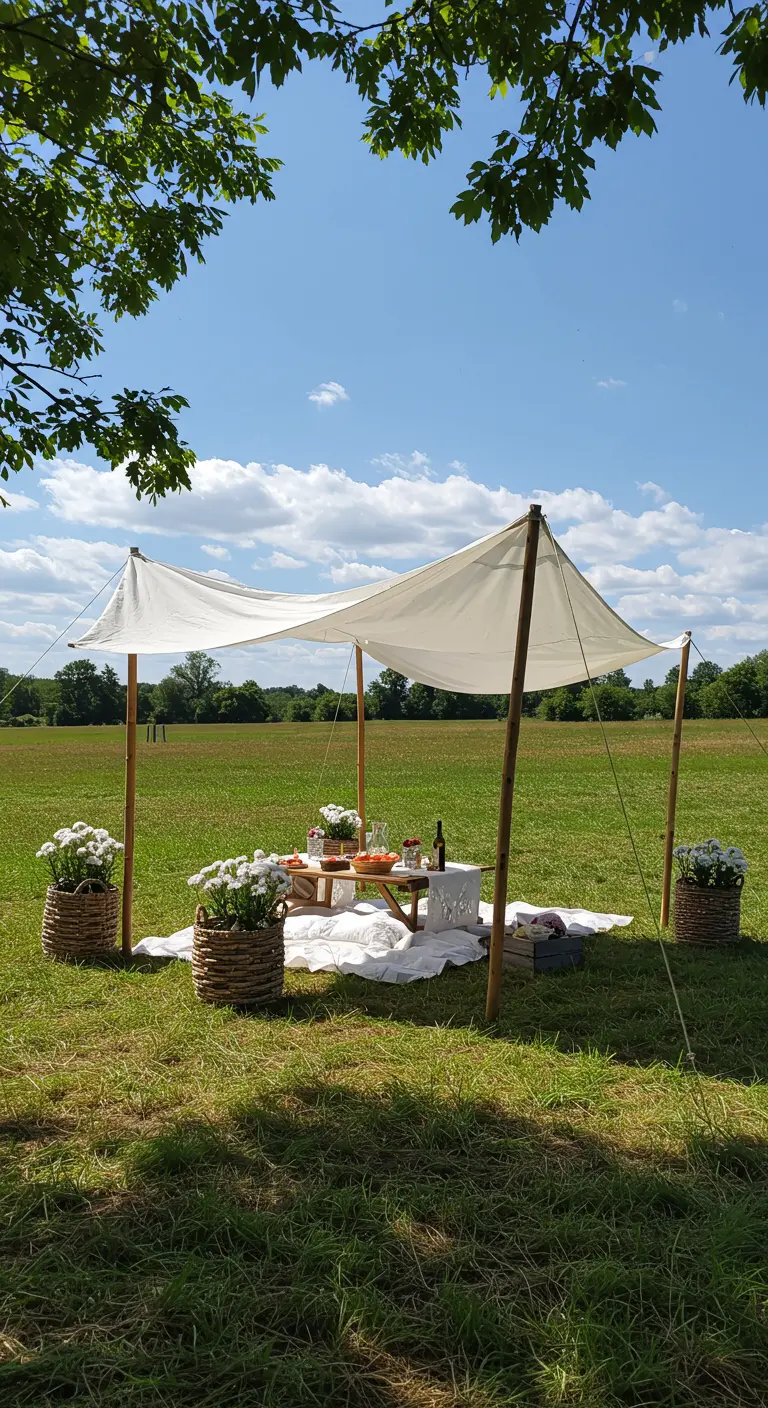 A simple white canvas canopy held up by four wooden poles in a grassy field.