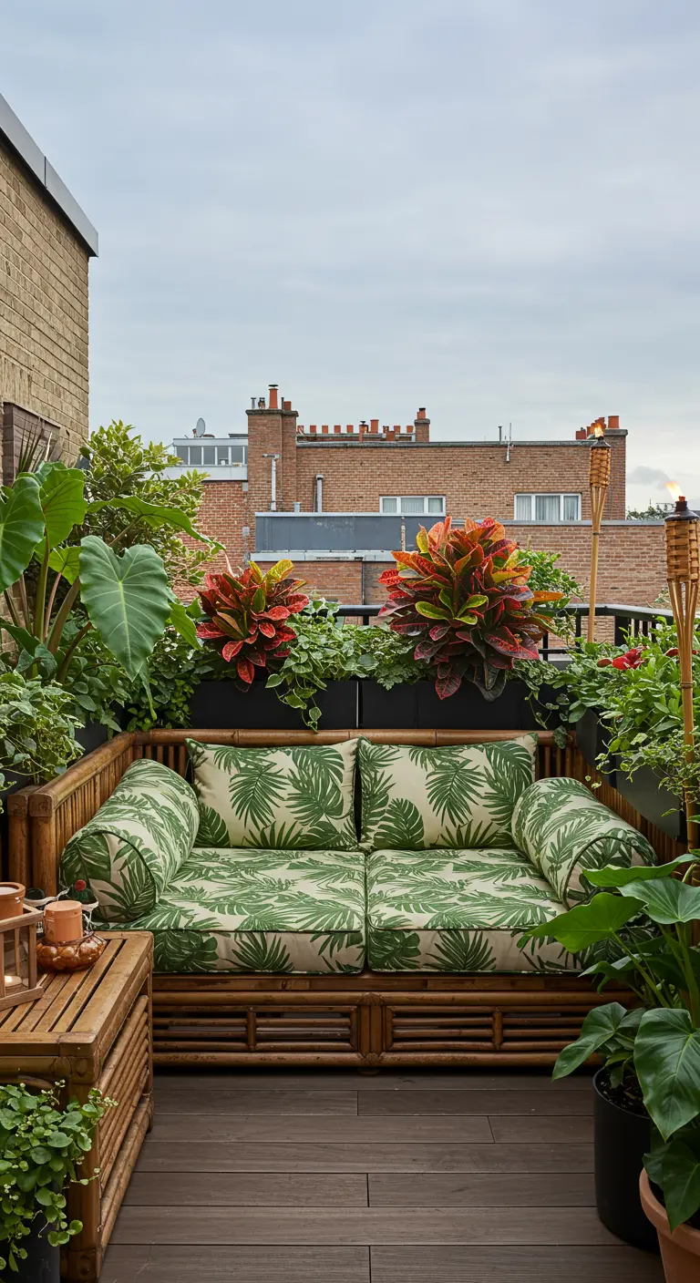 Lush, tropical balcony with a bamboo sofa covered in palm-leaf print cushions.