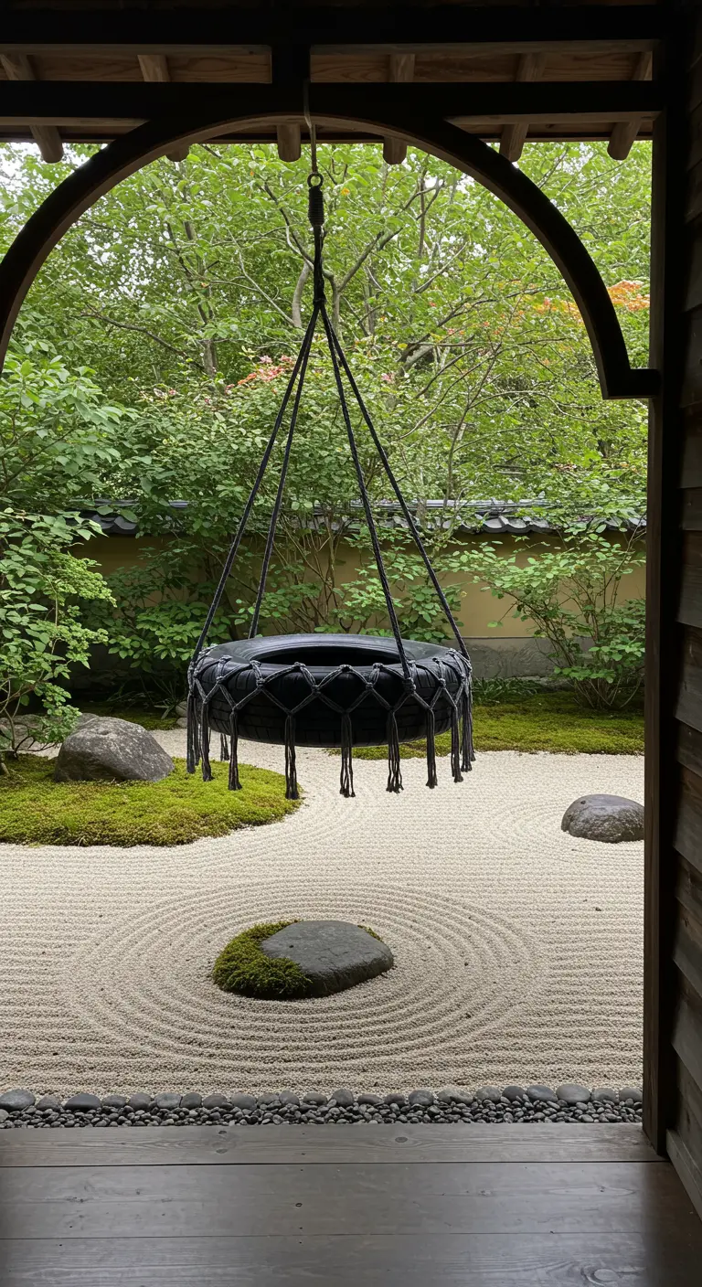 Black leather tire swing overlooking a serene Japanese zen garden.