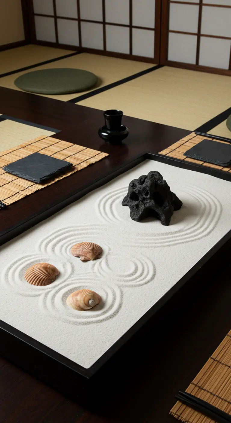 Miniature zen garden with white sand, a lava rock, and seashells.