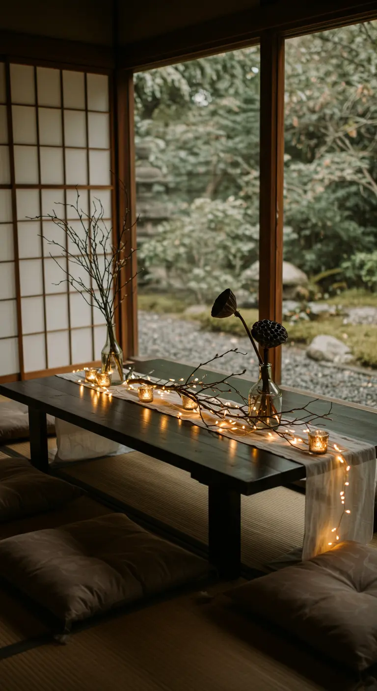 Low Japanese-style table with simple branch centerpieces and a string of fairy lights.