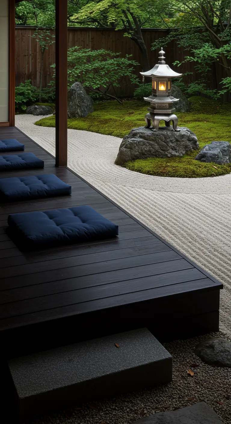 Dark wood deck with blue floor cushions overlooking a serene Japanese rock garden.