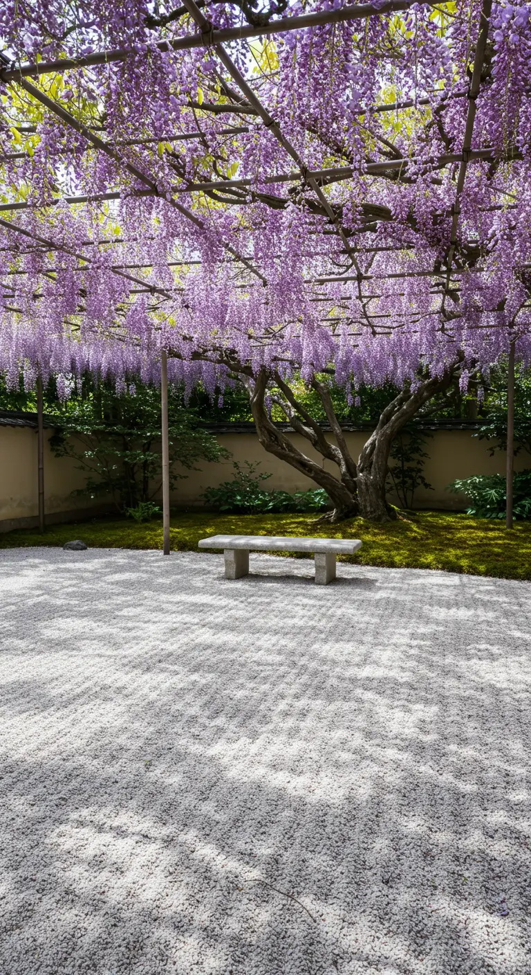 A gnarled wisteria tree creates a purple canopy over a minimalist Japanese garden with a stone bench.