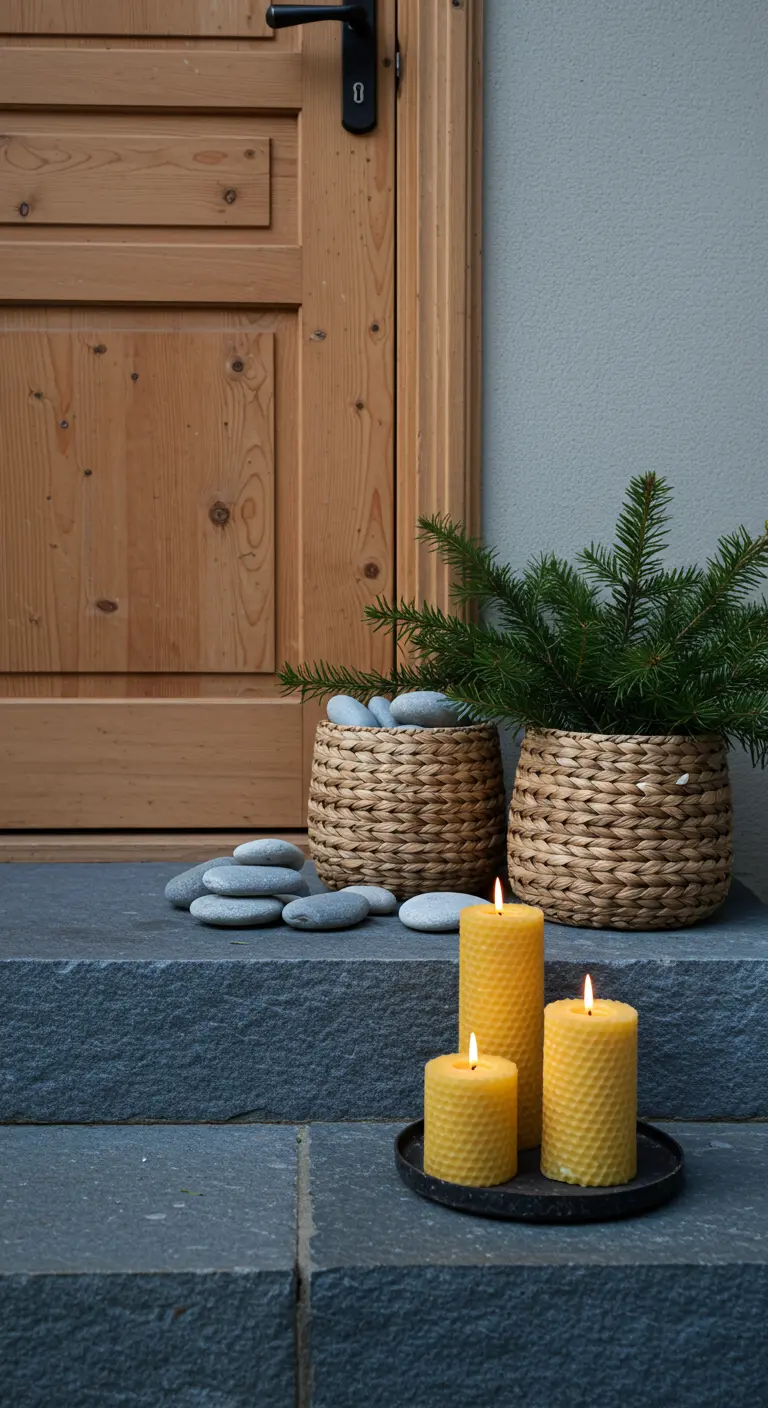 A minimalist entryway with beeswax candles, river stones, and baskets of pine sprigs on slate steps.
