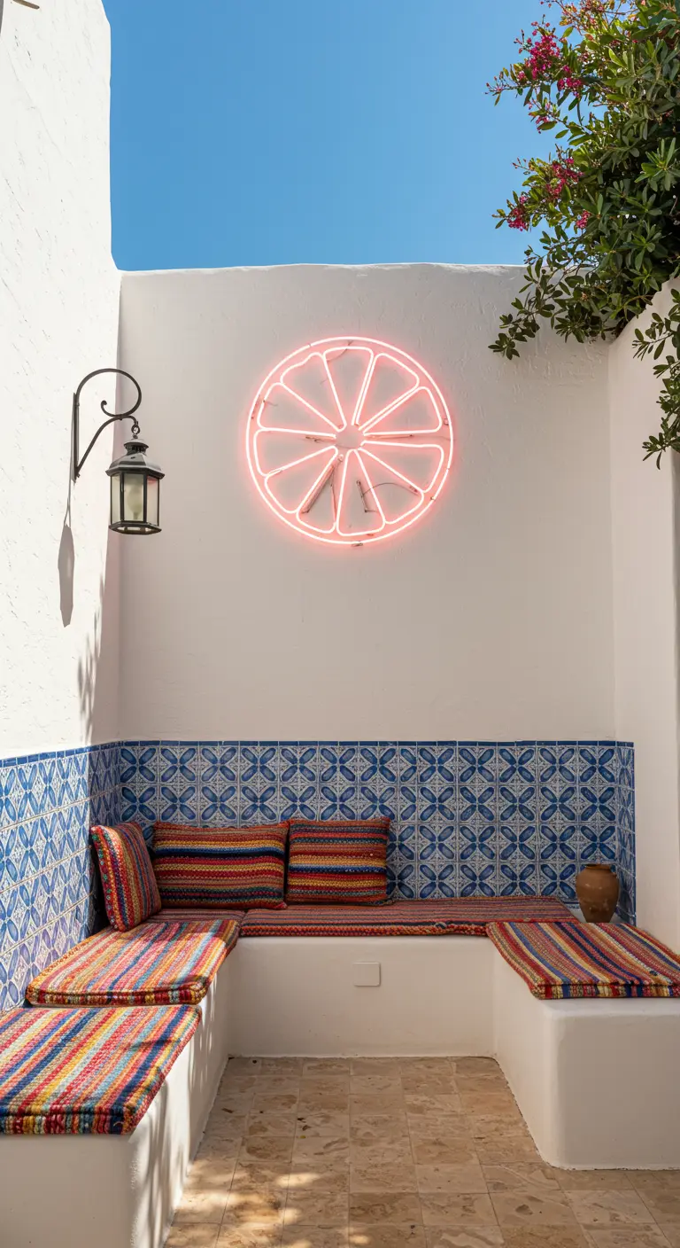 A Mediterranean patio with blue tiles, colorful cushions, and a neon lime slice sign.